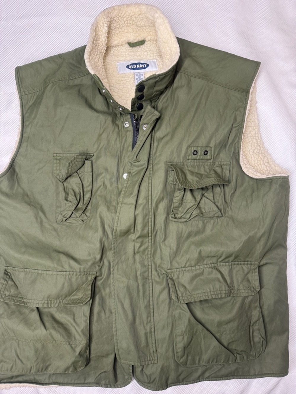 Old Navy Men's Olive Green Sherpa-Lined Utility Vest with Cream Lining - XL